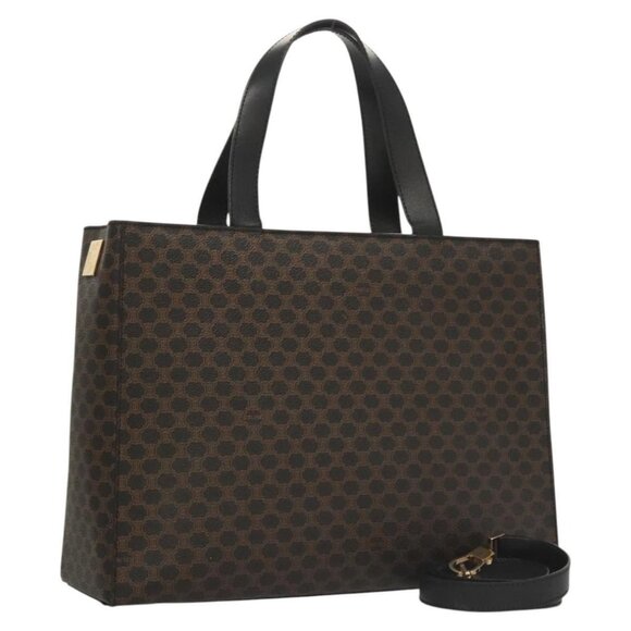 CELINE Macadam Canvas Hand Bag PVC Leather 2way Black Gold Auth - Picture 1 of 16